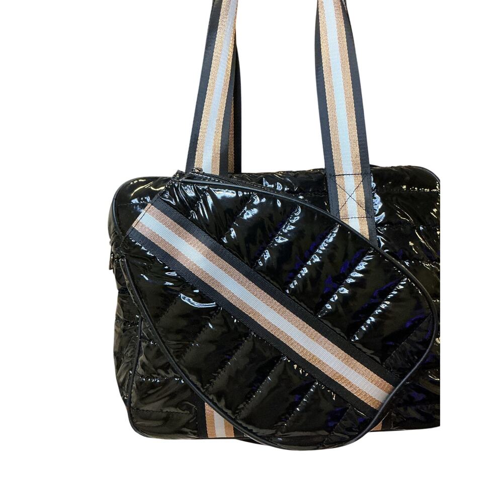 Black Quilted Pickleball Bag Puffer Stripe Strap Paddle Pocket